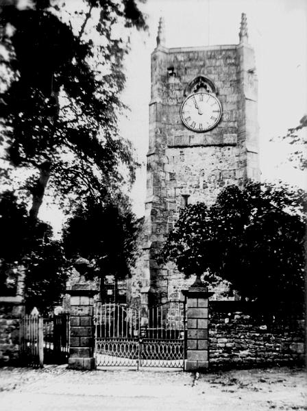 St Marys Church - tower and entrance gate.JPG - St Mary's Church with iron gates, before the lych gate was added to the entrance, around 1908